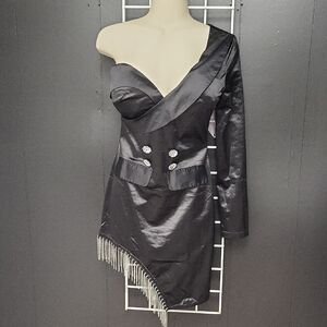 NWT,Black One-Shoulder Satin Cocktail Dress with Rhinestone Fringe, SMALL